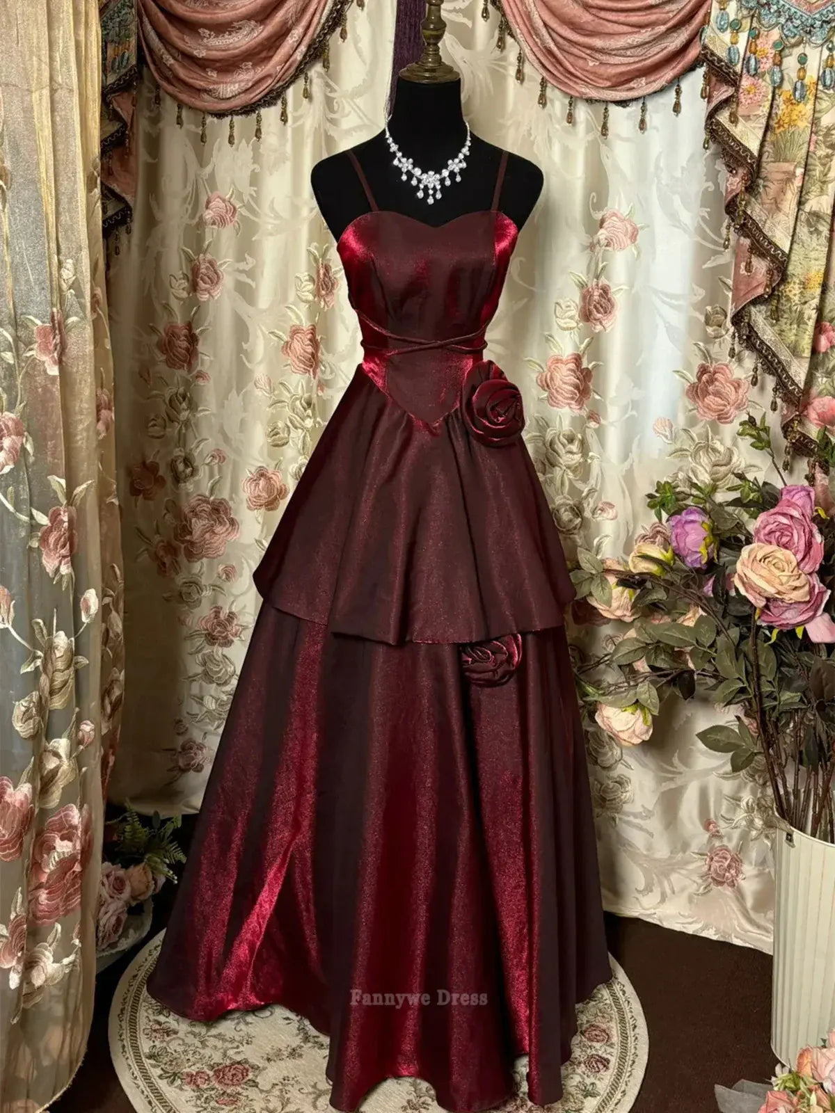 Vestido largo formal de satén burdeos con tirantes finos y corte A para dama de honor, vestido de noche, vestido de fiesta